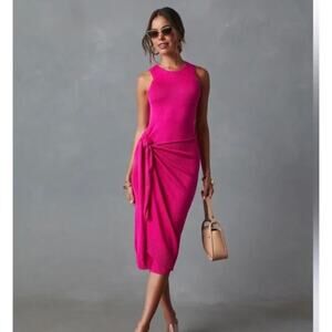 VICI - Orla Pink Fuchsia Knit Tie Wrap Sleeveless Midi Dress